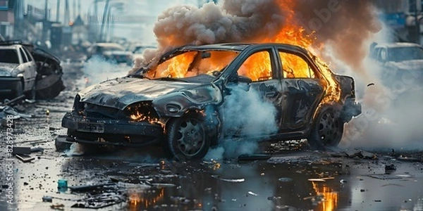 Fototapeta Dramatic scene of a city disaster with a burning car emitting smoke. Concept Disaster, City Scene, Burning Car, Smoke, Dramatic