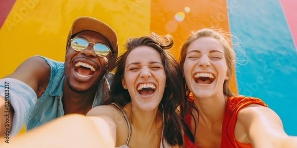 Fototapeta A vibrant image of friends enjoying summertime fun taking a selfie, with the focus on togetherness and joy