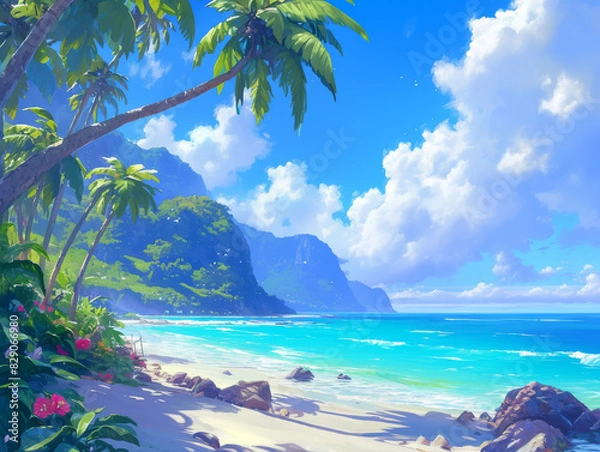 Fototapeta Lush Tropical Island Paradise with Pristine Beach and Palm Trees