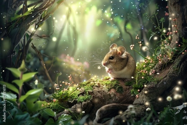 Fototapeta Fantasy scene with a cute little hamster sitting in the magical forest