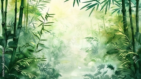 Fototapeta Fantasy tropical rainforest with bamboo and plants. Cartoon or anime watercolor painting illustration style