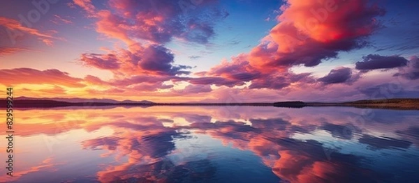 Fototapeta Vibrant sunset sky with colorful clouds reflecting on a lake creating a picturesque scene with ample copy space image