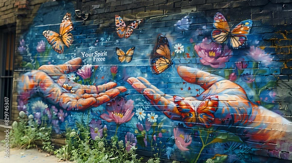 Fototapeta Urban mural featuring pair of hands releasing butterflies into the air with the words Set Your Spirit Free in dynamic typography symbolizing transformation and liberation