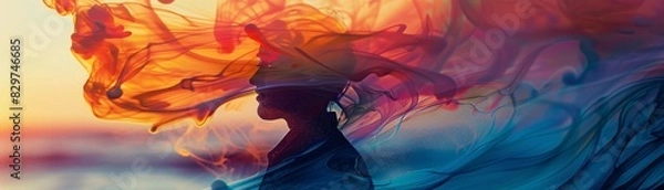 Fototapeta Silhouette of a person with colorful flowing fabric in the evening light by the sea, creating an ethereal and dreamy atmosphere.