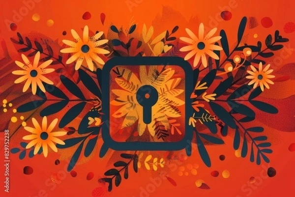 Fototapeta Artistic floral design integrating a lock, blending security themes with vibrant nature-inspired elements in warm autumn colors.