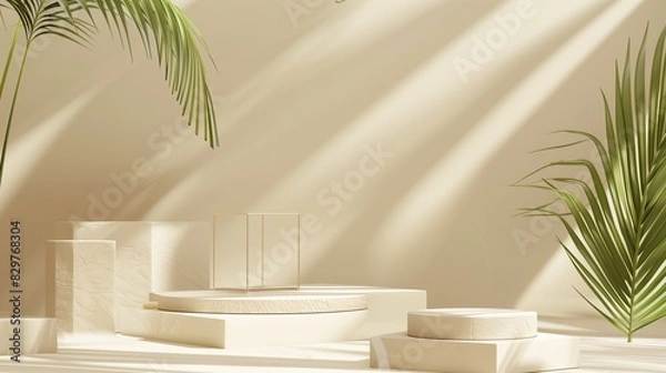 Fototapeta An elegant beige studio with a 3D render of a podium and geometric platforms, complemented by stylish palm leaves, designed for a high-end cosmetic product presentation, in