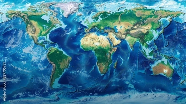 Obraz Illustrate a world map showing the distribution of major coral reefs. Highlight regions known for significant coral reef biodiversity.