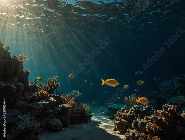 Fototapeta Tranquil underwater tableau bathed in the glow of filtered sunlight.