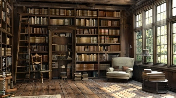 Fototapeta Rustic style Library with wooden furniture, many old books on the shelves. Interior. Generative AI