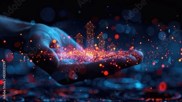 Fototapeta Hand holding glowing particles representing data and technology, with a futuristic cityscape hologram rising from the palm, illustrating innovation.