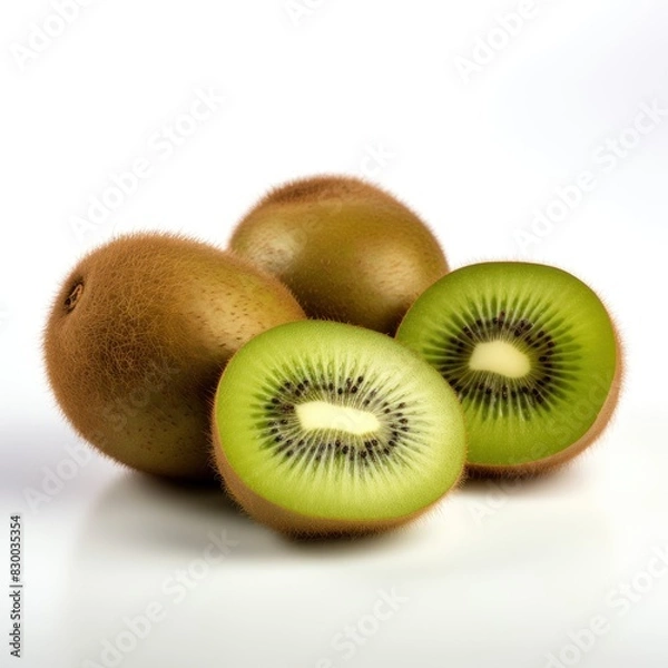 Fototapeta Ripe whole kiwi fruit and half kiwi fruit isolated on white background. AI generated image.