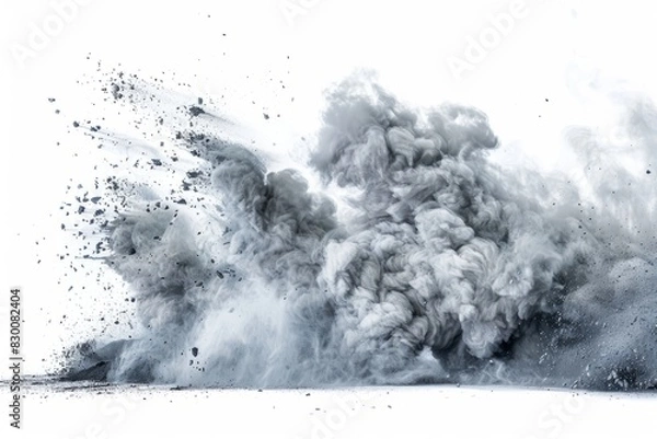 Fototapeta High-speed capture of grey chalk and dust exploding, set against white