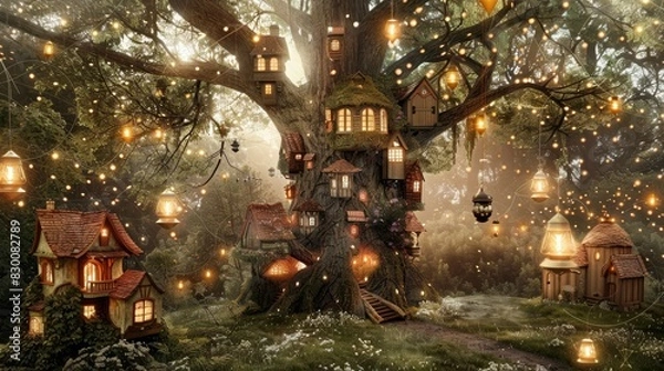 Fototapeta Illustration of a large treehouse with lanterns hanging from branches, surrounded by glowing fireflies. The scene is magical and enchanting, set in a mystical forest.