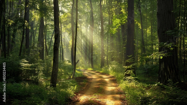 Fototapeta A forest path with sunlight shining through the trees