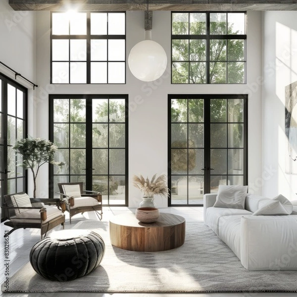 Fototapeta A large open living room with a white couch, two chairs, and a coffee table