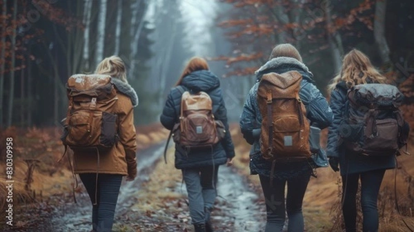 Fototapeta Rear view of a group of young female friends with backpacks walking through an autumnal forest.