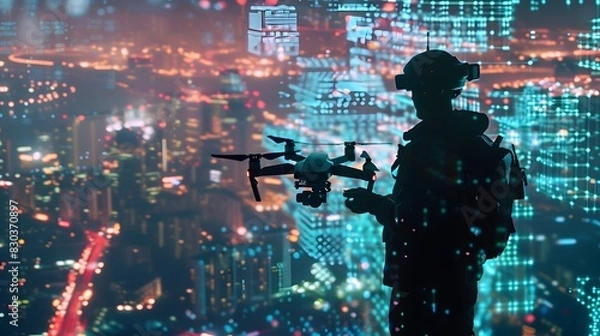 Fototapeta Drone pilot controlling drone with city lights in background