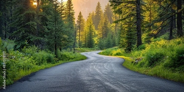 Fototapeta the smooth asphalt road flows gently between the pine trees on the mountain