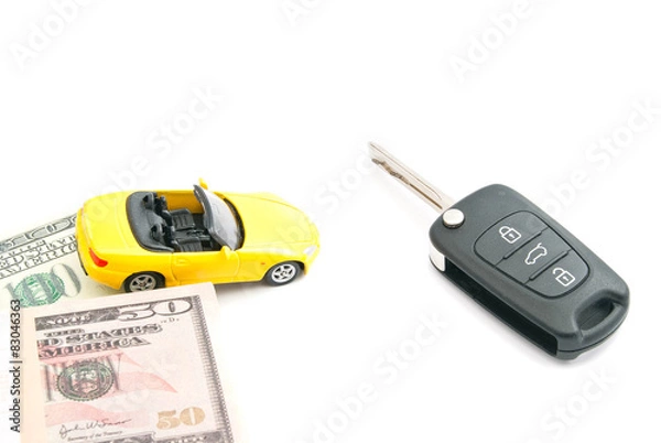 Fototapeta keys, notes and yellow car on white