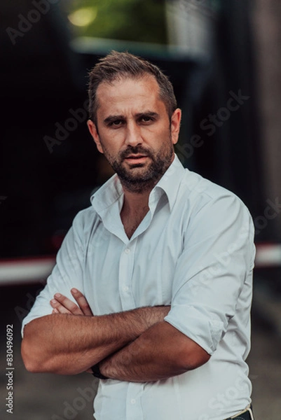 Fototapeta A successful businessman in a white shirt with crossed arms posing outdoors