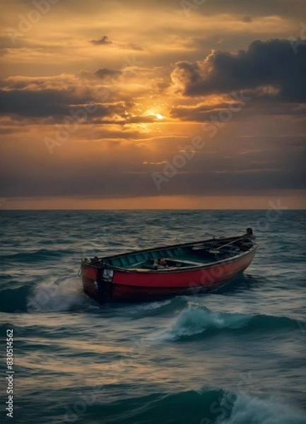 Fototapeta a boat in the ocean at sunset