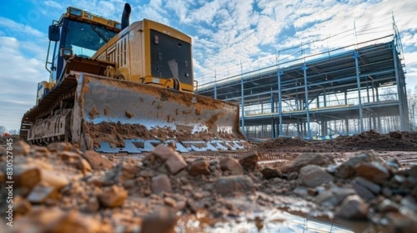 Fototapeta Bulldozer shaping the landscape at a major construction project, steel framework of a building under construction