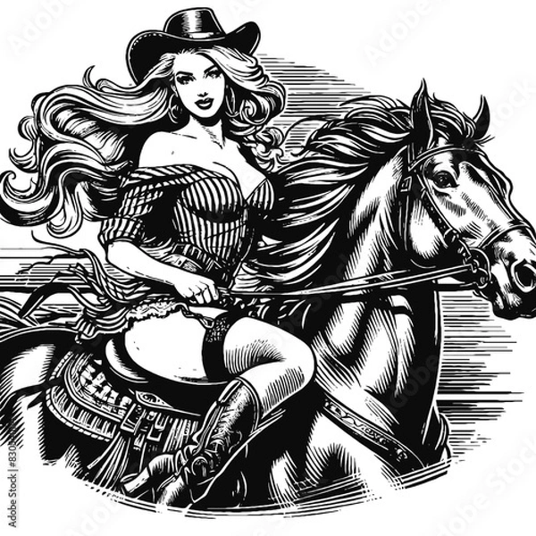 Fototapeta Pin up  a woman on a horse, black and white vector