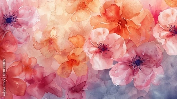 Fototapeta watercolor The image is a watercolor painting of pink and orange flowers. The flowers are set against a pale blue background. The painting has a soft, dreamy feel to it.