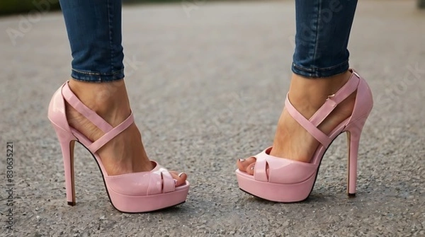 Fototapeta  pair of pink high heel sandals with ankle straps.