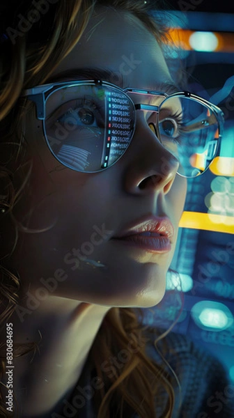 Fototapeta A young woman with glasses looking at data and graphs on a screen