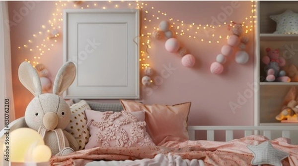 Fototapeta Charming and cozy children's room decorated with soft lights, plush toys, and gentle pastel colors for a soothing atmosphere. Generative AI