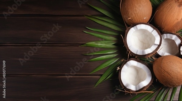 Fototapeta Wooden background with coconut and palm leaves and an empty space for text. A tropical fruit. An exotic nut. Coconut oil and milk. Summer vacation by the sea