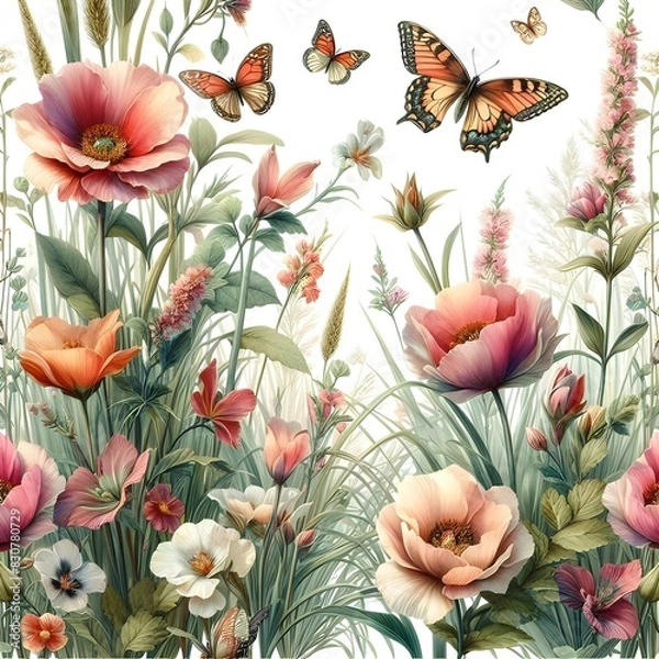 Fototapeta Colourful flowers with butterfly