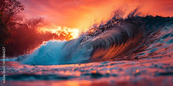 Fototapeta Vibrant ocean wave at sunset, perfect for nature and coastal themes. World Ocean Day.