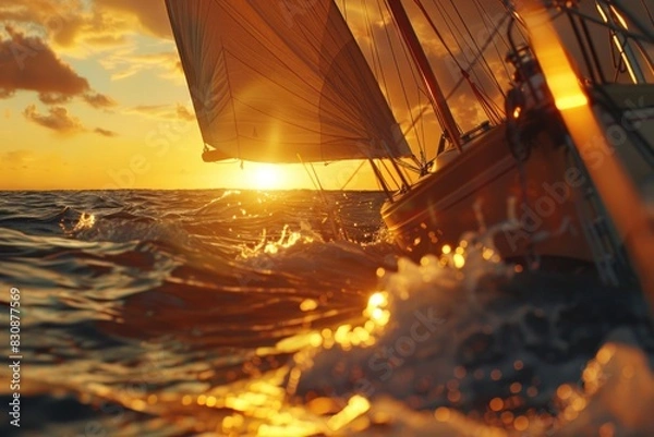 Fototapeta A sailboat sailing in the ocean at sunset. Suitable for travel and adventure concepts