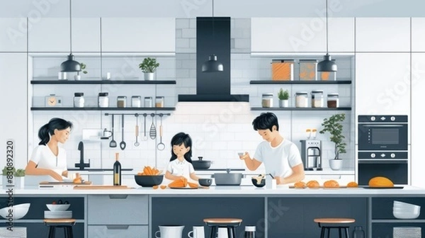 Fototapeta Family kitchen scene with smart health devices monitoring nutritional information, integrated with a digital assistant