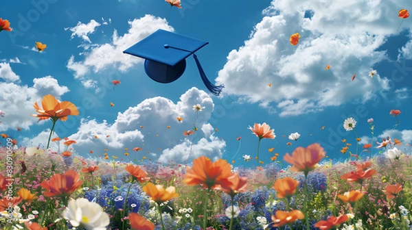 Fototapeta A blue graduation cap is thrown in the air in a field of flowers, symbolizing the joy of achievement and the transition to the future. Suitable for graduation-related content, event invitations,...