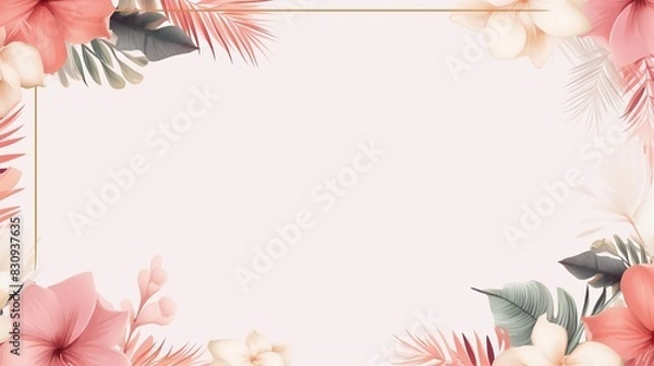 Obraz Elegant floral frame featuring pastel-colored flowers and leaves on a light pink background, perfect for invitations or announcements.