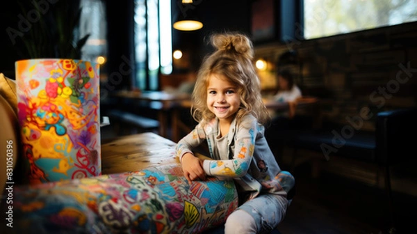 Fototapeta A cheerful young girl with a big smile sits in a restaurant with colorful and playful decor, exuding joy and innocence