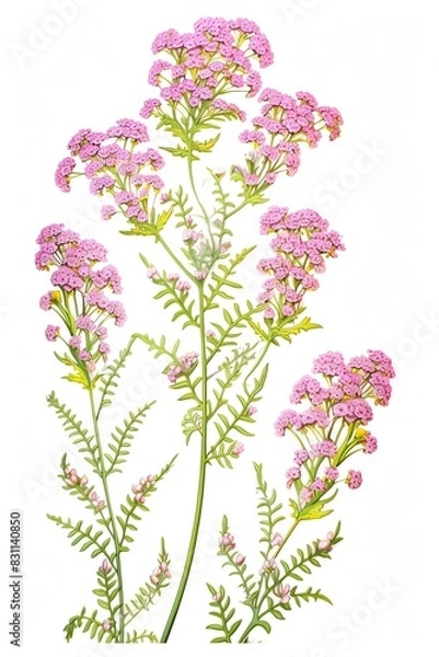 Fototapeta Illustration of pink wildflowers with green leaves on a white background. Perfect for botanical studies, nature art, or gardening themes.