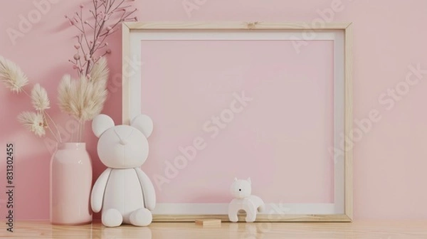 Fototapeta Empty pink frame with vase and teddy bear on a pink background.