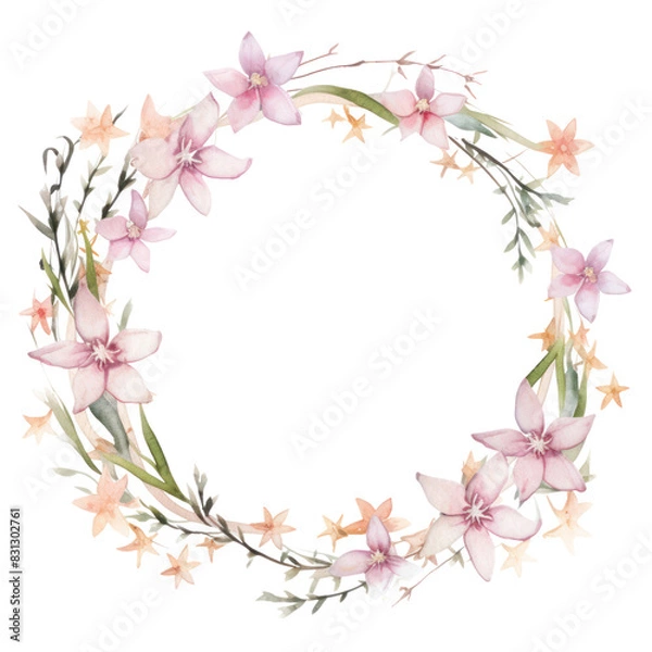 Fototapeta A watercolor painting of a wreath of pink and peach flowers.