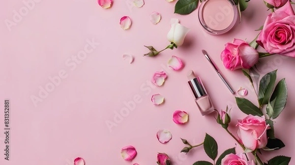 Fototapeta Makeup Products and Rose Flowers on Pink Background