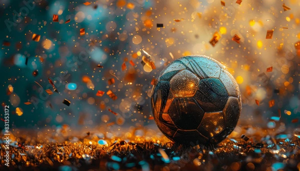 Fototapeta A soccer ball is sitting on a field of confetti by AI generated image