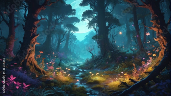 Fototapeta Mystical illustration of a moonlit glade deep within an ancient forest, where mystical creatures frolic amidst glowing flora and fauna, Generative AI