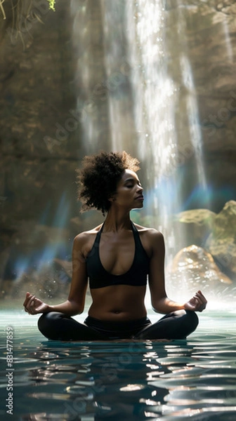 Fototapeta Black woman practicing wellness meditation in a lotus position in water with an exotic waterfall and light rays in the background