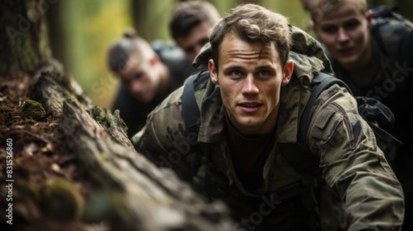 Fototapeta Soldiers crawl through the forest during a tactical training exercise with a focus on the lead soldier