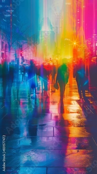 Fototapeta Vibrant city nightlife with colorful neon lights and silhouettes of people walking on a rainy street. Urban life and modern cityscape.