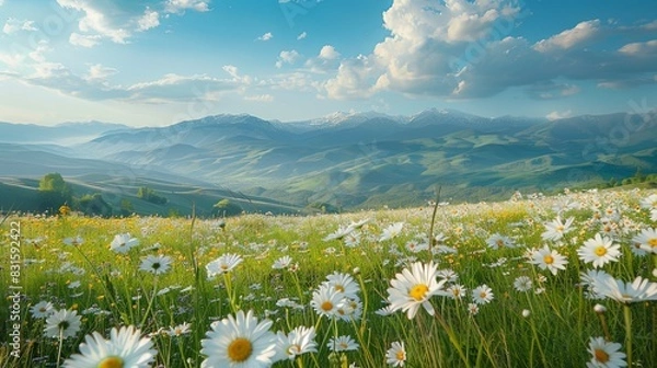 Fototapeta Serene and Artistic Natural Scene: Beautiful Pastoral Landscape with Chamomile and Blue Wild Peas in Morning Haze Against a Blue Sky with Clouds.