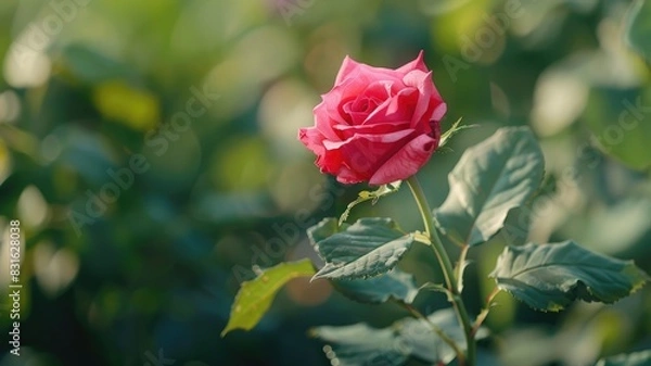 Fototapeta Vibrant red rose with lush green leaves in sunlight